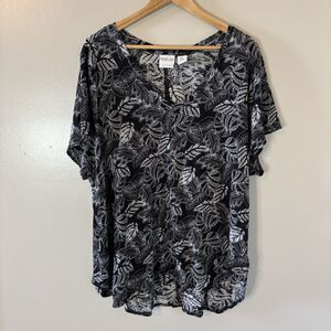Rachel Zoe 100% Linen Top Black White Leaves Short Sleeve Shirt Sz 3X
